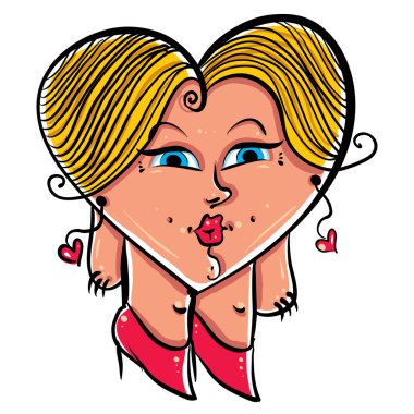 Kalp şeklinde sevgi dolu bir kız, sevimli bir kadın, vektör çizimi..