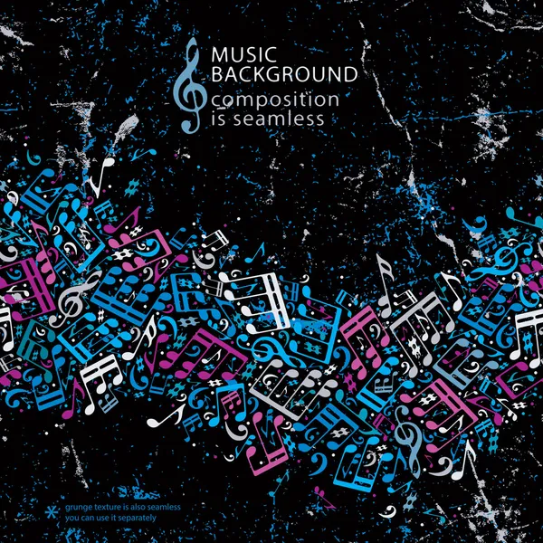 Muziek achtergrond met notities grunge textuur en naadloze horizont — Stockvector