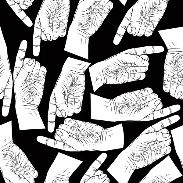Finger pointing hands seamless pattern, black and white vector b — Stock Vector