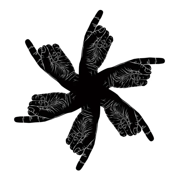 Sechs Zeigende Hände abstraktes Symbol, schwarz-weiße Vektorspezifikationen — Stockvektor