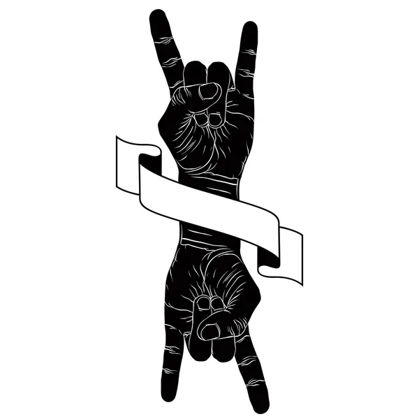 Rock on hand segno creativo con due mani un nastro, emble musicale — Vettoriale Stock