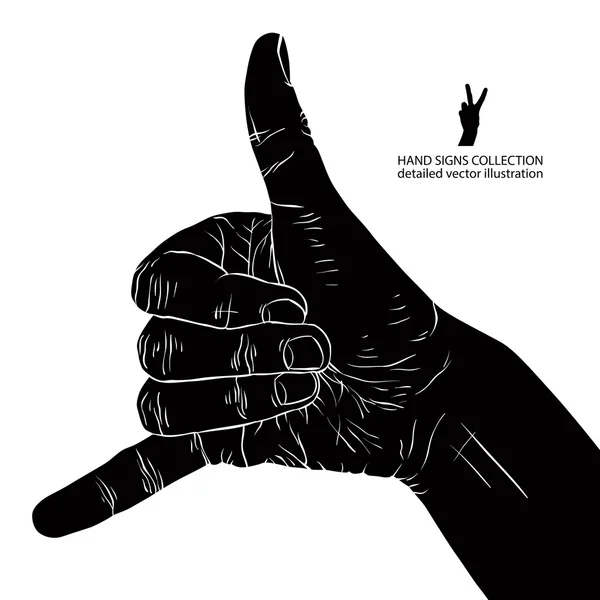 Call me hand sign, detailed black and white vector illustration. — Stock Vector