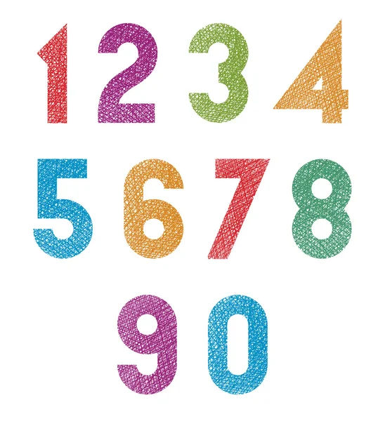 Números geométricos de estilo retro con textura de líneas dibujadas a mano . — Vector de stock
