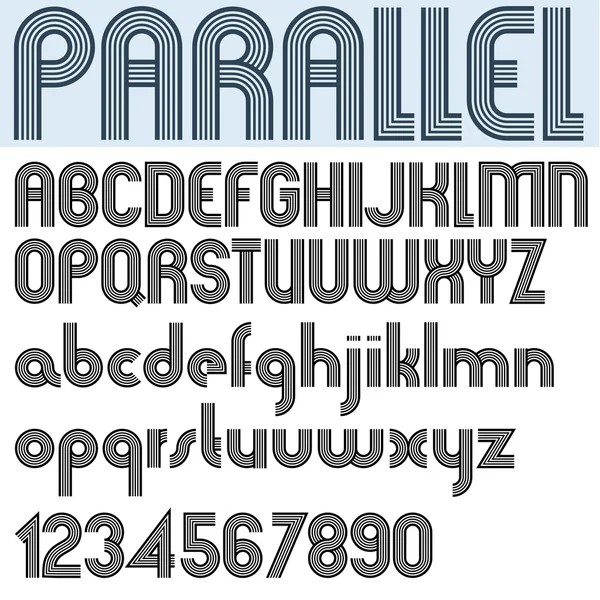 Parallelle strepen retro stijl lettertype, vector alfabet. — Stockvector