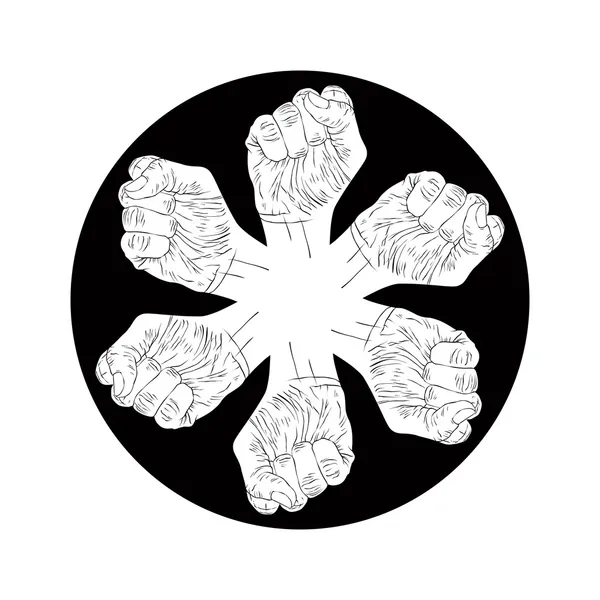 Шесть кулаков абстрактный символ, черный и белый векторные специальные эмблемы — стоковый вектор