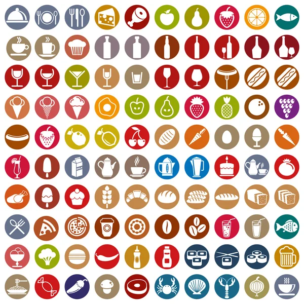 100 yiyecek ve içecek Icons set. — Stok Vektör