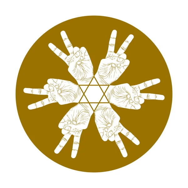 Seis mãos de vitória símbolo abstrato com estrela hexagonal, vetor sp — Vetor de Stock