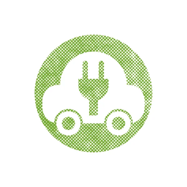 Green ecological electric car sign with pixel print halftone dot — Stock Vector