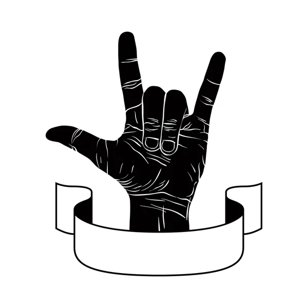 Rock en la mano signo creativo con cinta, emblema de música, rock n rol — Vector de stock
