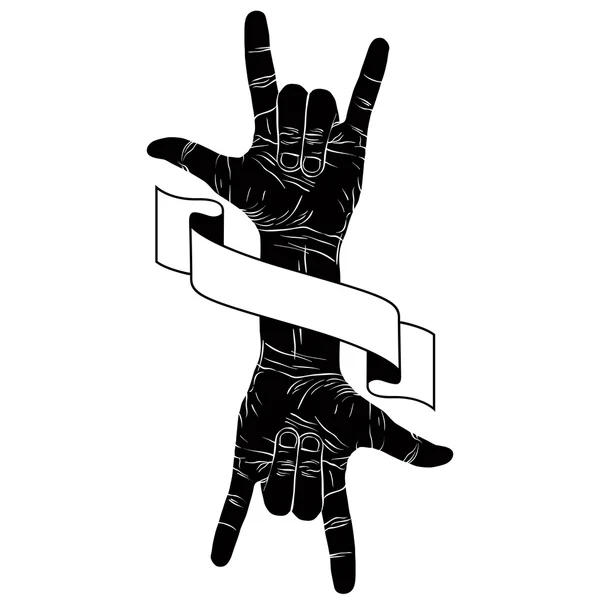 Rock en la mano signo creativo con dos manos una cinta, música emble — Vector de stock