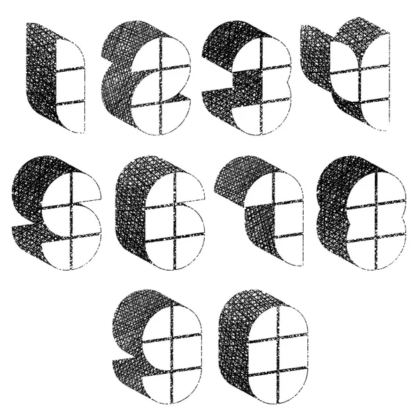 Forme futuristiche Numeri 3d impostati con texture linee disegnate a mano. — Vettoriale Stock
