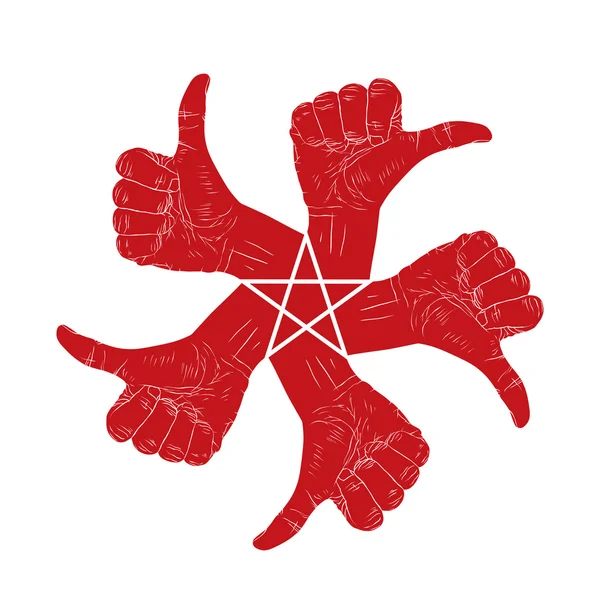 Cinco pulgar hacia arriba signos de la mano en forma de símbolo abstracto redondo con pentjalá — Vector de stock