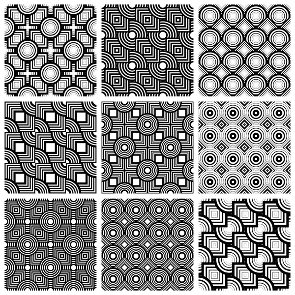Squares and circles black and white geometric seamless patterns — Stock Vector