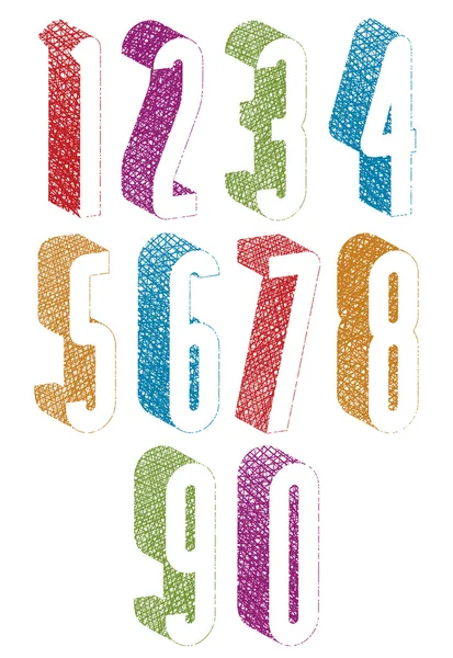 Retro style 3d tall condensed numbers set with hand drawn lines — Stock Vector