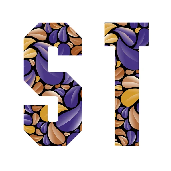 Hermoso alfabeto floral, letras S y T . — Vector de stock