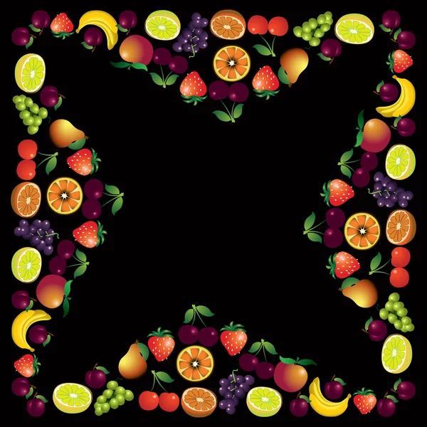 Fruits frame made with different fruits over dark background, he