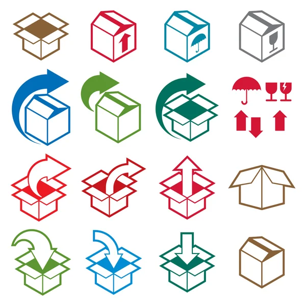 Verpakking vakken pictogrammen geïsoleerd op witte achtergrond vector set, p — Stockvector