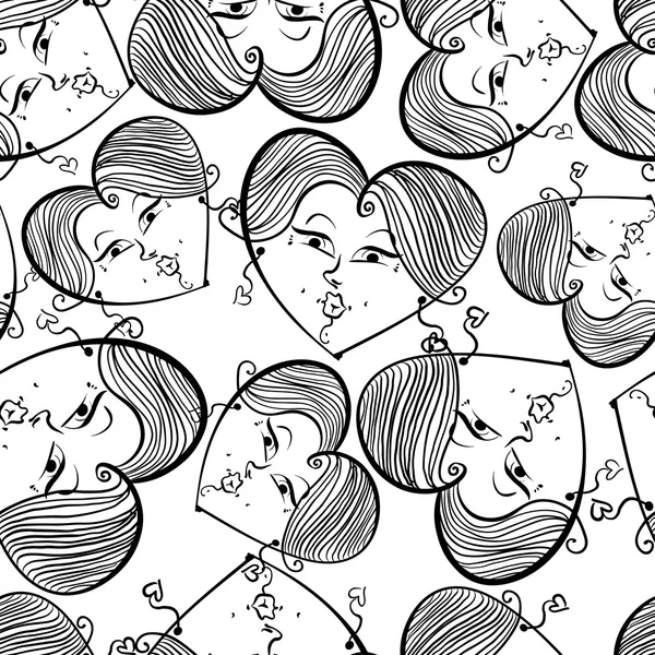 Funny faces seamless background, black and white lines vector ca — Stock Vector