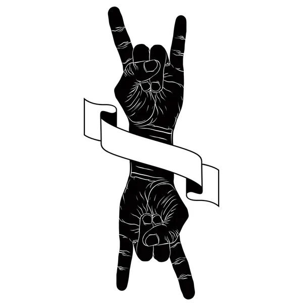 Batu di tangan tanda kreatif dengan dua tangan pita, emble musik Grafik Vektor
