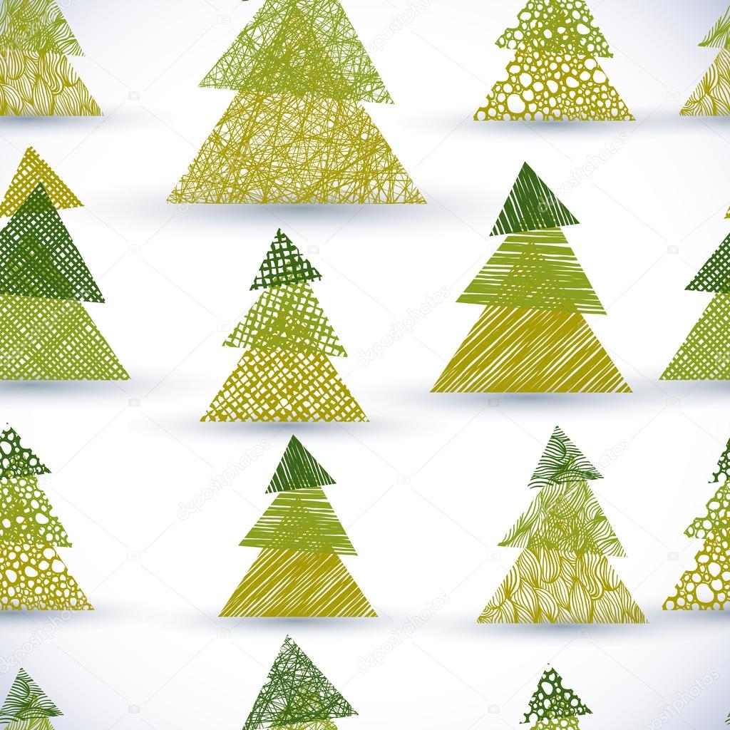 Christmass tree seamless pattern, hand drawn lines textures used