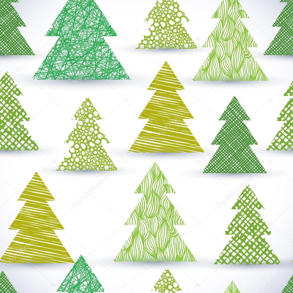 Christmass tree seamless pattern, hand drawn lines textures used