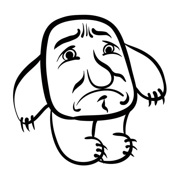 Triste monstruo de dibujos animados, ilustración de vectores de líneas en blanco y negro . — Vector de stock