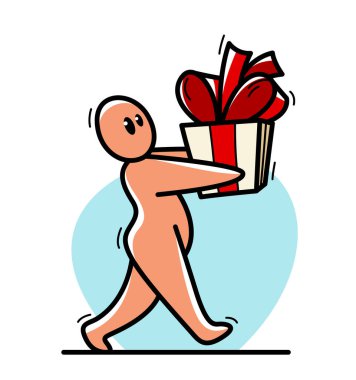 Komik karikatürcü, üzerinde yay vektör tarzı çizimler olan büyük bir hediye kutusu taşıyor. Beyaz, doğum gününde ya da bayramlarda sürpriz hediyeler alıp veriyor..