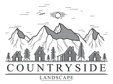 Dağlardaki kırsal köy beyaz üzerine izole edilmiş doğrusal vektör amblemi, ağaçlardaki ahşap evler orman hattı sanat logosu, kır kulübeleri, dinlenmek için vahşi doğada seyahat..