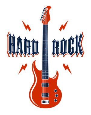 Hard Rock amblemi elektro gitar vektör logosu, konser festival ya da gece kulübü etiket, müzik Tema illüstrasyon ile gitar dükkanı veya t-shirt baskı, rock band işaret ile şık tipografi.
