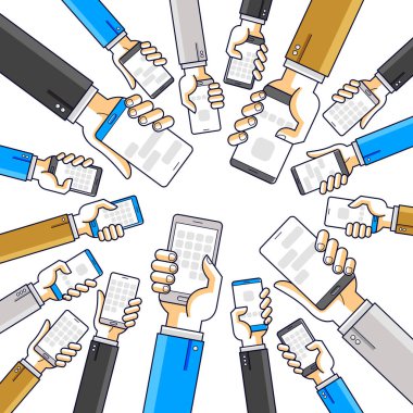 İnternet iletişimi ve etkinliği, insanların el ele tutuşmaları ve uygulamaları kullanmaları, küresel ağ, modern iletişim, kurye veya sosyal medya kavramı, vektör tasarımı.