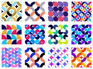 Geometrik soyut şekilsiz desenler, renkli geometri basit elementleri, 70 'ler tarzında duvar kağıdı arka planı, Bauhaus yapıcı tarz fayans koleksiyonu..