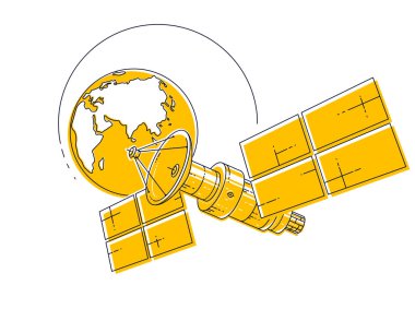 Dünya, uzay uçuşu, güneş panelleri ve uydu anten plaka ile iletişim uzay uzay istasyonu çevresinde yörüngede uydu. İnce çizgi 3d vektör çizim.