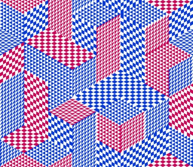 Kusursuz küp vektör arkaplanı, eşkenar dörtgen ve üçgen kutular tekrar eden fayans deseni, 3 boyutlu mimari ve yapı, geometrik tasarım.