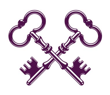 Çapraz anahtarlar, korumalı sır, elektronik veri koruması, cennetin anahtarları, otel etiketi, antika anahtar vektör logosu veya amblemi..