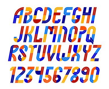 Spor oyun yazı tipi, vektör modası geometrik alfabe harfleri seti, italik hız yazı tipi, sayılar dahil, 90 'ların stili logo oluşturma.