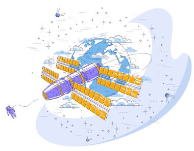 Uzay İstasyonu uçan yıldızlar ve diğer öğeler tarafından çevrili toprak, uzay gemisi uzay gemisi ISS yapay uydu, güneş panelleri ile çevresinde yörünge uzay uçuşu. İnce çizgi 3d vektör çizim.
