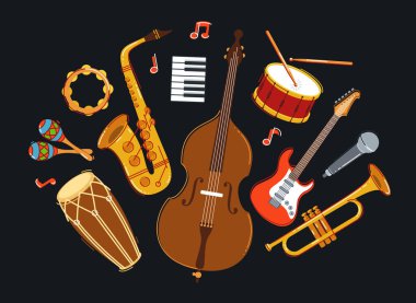 Caz müzik grubu konsepti farklı enstrümanlar vektör düz illüstrasyon koyu arkaplan, canlı müzik festivali veya konser, müzisyen farklı enstrümanlar seti.