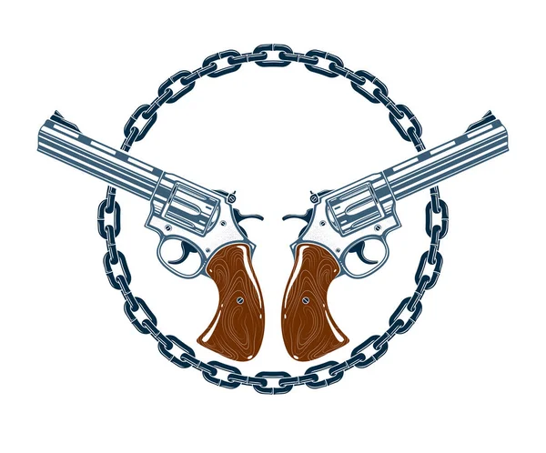 Duas Pistolas Cruzadas Emblema Vetor Logotipo Isolado Branco Brasão Armas — Vetor de Stock