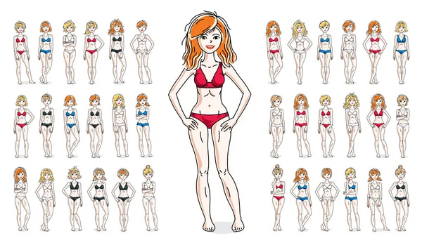 Vrouwen Bikini Vector Illustraties Geïsoleerd Witte Achtergrond Grote Set Aantrekkelijke — Stockvector