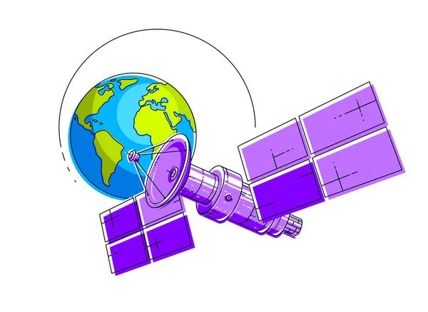 卫星环绕地球飞行 配备太阳能电池板和卫星天线板的通信技术航天器空间站 细线3D矢量图解 — 图库矢量图片