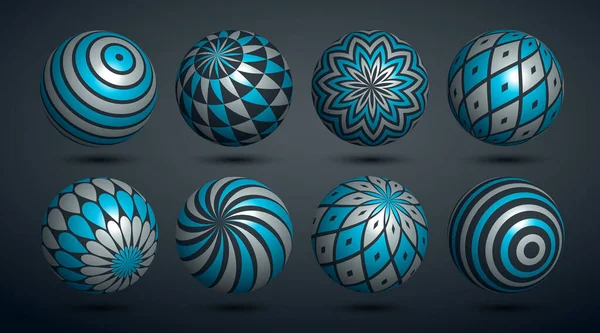 アブストラクト球体ベクトルセット パターンで装飾されたボールのコレクション 装飾品のコレクションと3D混合多様現実的なグローブ — ストックベクタ
