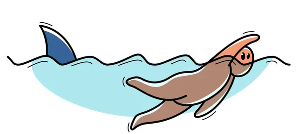Divertido Hombre Dibujos Animados Nadando Escapando Tiburón Vector Agua Ilustración — Vector de stock