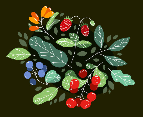 Wild berries fresh and ripe tasty healthy food with leaves vector flat style illustration over dark background, delicious vegetation diet eating, nature gifts.