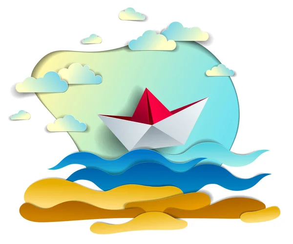 折り紙紙船グッズ海の波で泳ぐ 海と空の雲に浮かぶおもちゃのボートと風光明媚な海の風景の美しいベクトル イラスト 水の旅行 夏の休日 — ストックベクタ
