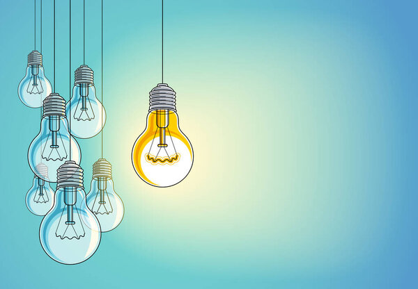 Light bulbs beautiful vector illustration with single one shining, idea concept, think different, stand out of crowd, creative inspiration. Composition with copy space for text.