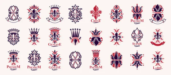 Heraldic Coat Arms Lily Flower Crowns Symbol Vector Big Set — Stock Vector