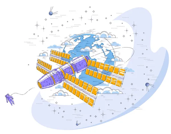 Raumstation Die Orbit Die Erde Fliegt Raumschiff Mit Sonnenkollektoren Künstlicher — Stockvektor