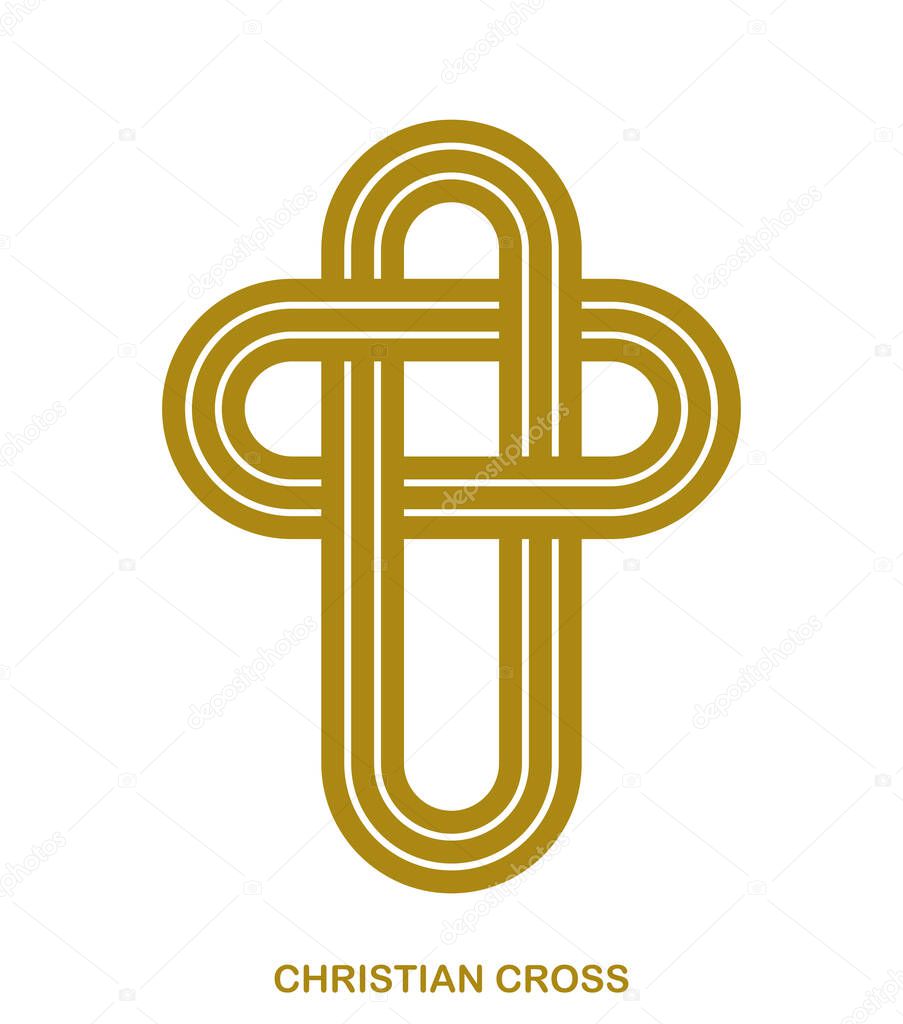 Christian cross modern linear style vector symbol isolated on white, faith and belief contemporary crucifix sign of Jesus Christ stripy graphic design.