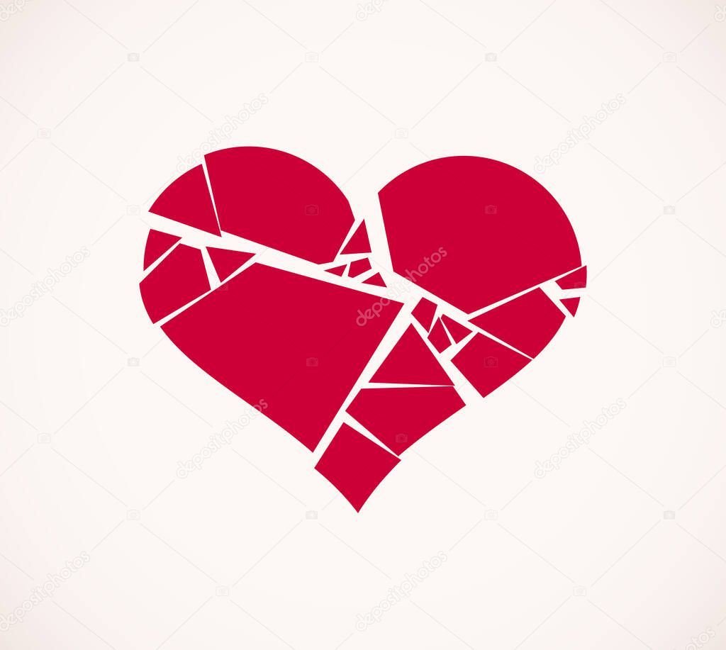 Heart broken to pieces like a glass vector logo or icon, broken heart concept, breakup or divorce, heartbreak regret, separated couple, tragic love.
