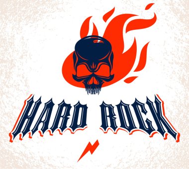 Alevli bir Hard Rock müzik grubu logosu ya da amblemi olan Skull, Fire Rock 'n Roll etiketli agresif kurukafa, Punk festivali konseri ya da kulüp, müzik aletleri dükkanı ya da kayıt stüdyosu.